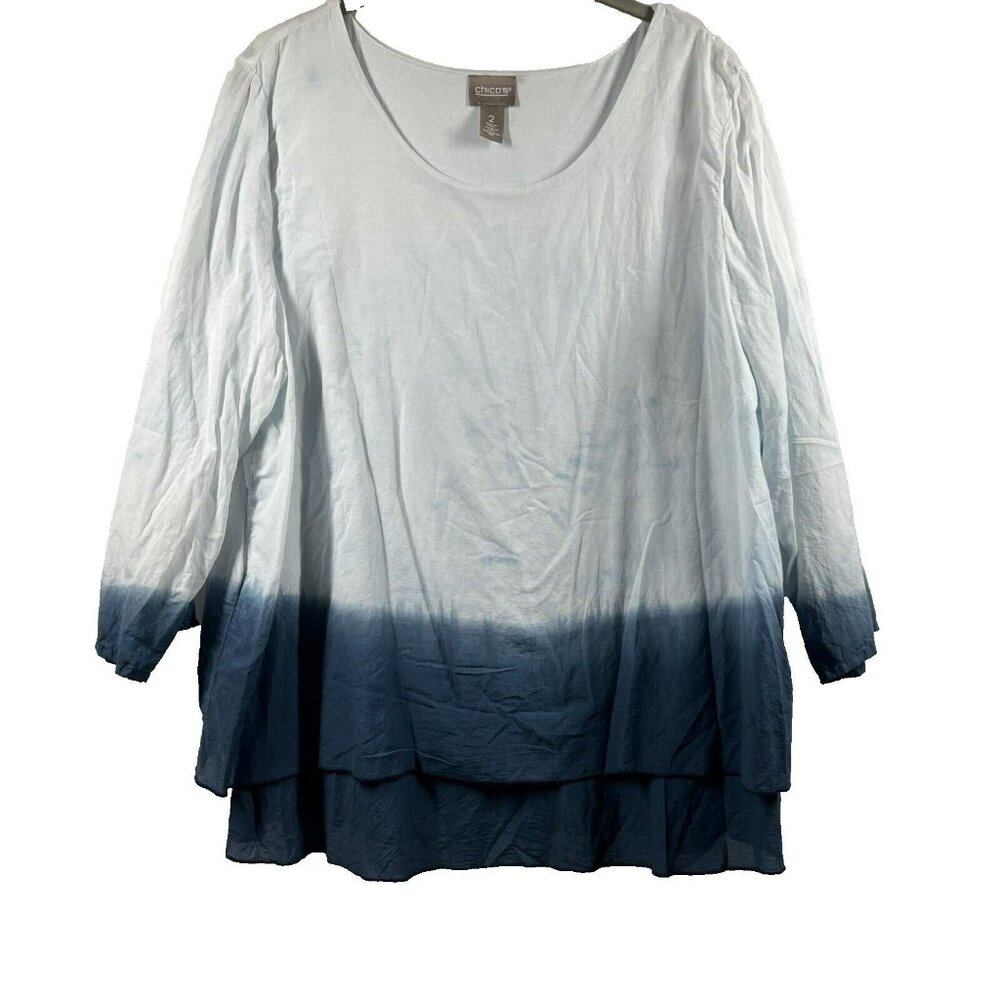 Chicos Women's Top‎ Size Large Blue Tie Dye Layered 3/4 Sleeve Bohemian Lined